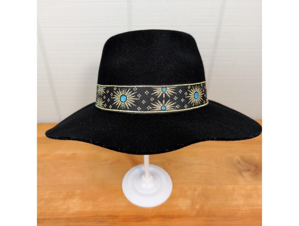 Lack of Color Black Medium Hat 100% Australian Wool Felt Fedora Gold Blue Ribbon